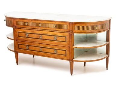 Louis XVI White Marble Top Walnut Demilune Console