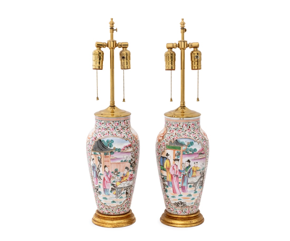 Chinese Famille Rose Porcelain Urns as Lamps, Pair