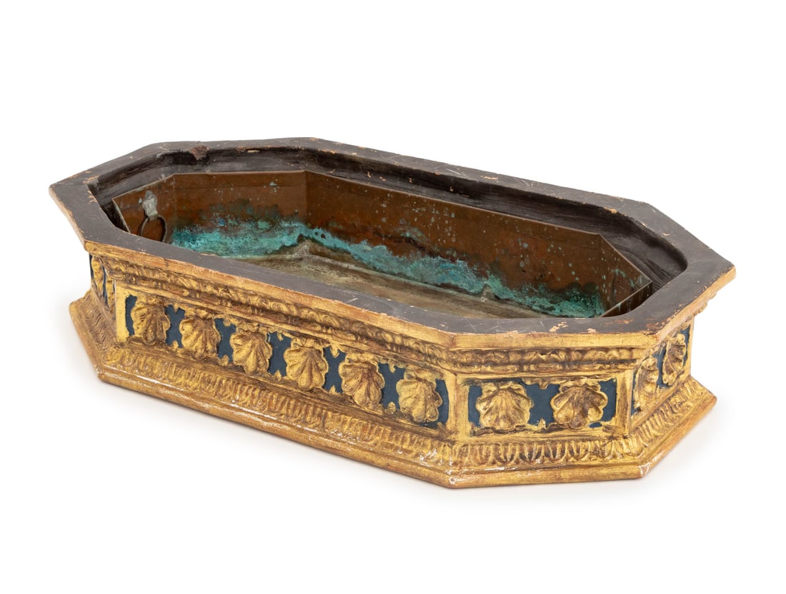 Rococo Revival Blue Painted & Giltwood Jardiniere: Rococo Revival Blue Painted and Giltwood Jardiniere, carved with shell and leaf motif, partially legible maker's mark to underside, with copper liner. 4.75" H x 22.25" W x 11.5" D. Provenance: Propert