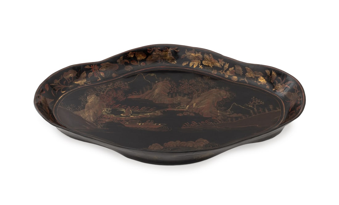 Chinoiserie Gilt and Ebonized Papier Mache Tray: Chinoiserie Gilt, Red, and Ebonized Papier Mache Tray, hand-painted with border of flowers and butterflies centering a figural mountainous landscape scene. 3.5" H x 31" W x 20" D. Provenance: Property