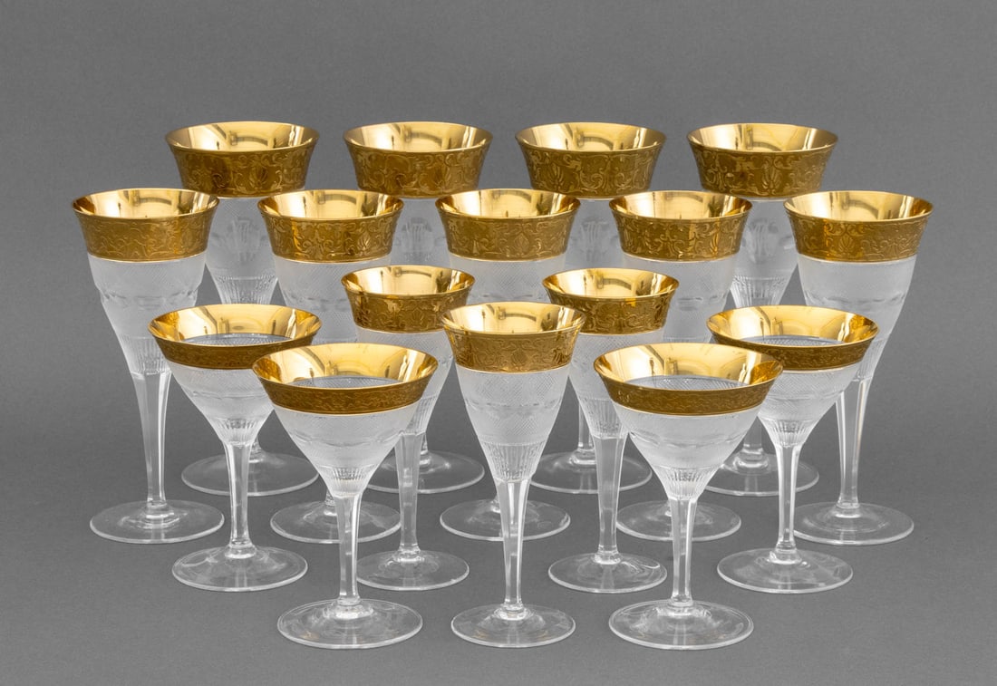 Moser "Splendid" Cut Crystal Stemware, 16 Pcs.: Collection of 16 Moser "Splendid" Cut Crystal Stemware Pieces, with foliate gold rim, comprising: (4) four water goblets, (5) five red wine glasses, (3) three white wine glasses, and (4) four champagn