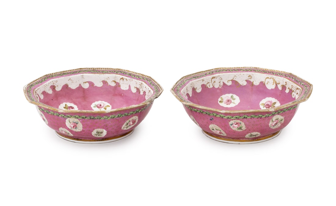 Samson Pink Glazed Porcelain Octagonal Bowls, Pair: Pair of Samson Pink Glazed Porcelain Octagonal Bowls, with rose vignettes and gilt trim, marked with pseudo Sevres porcelain mark and "SS" to the underside. 3.5" H x 10" Diameter. Provenance: Property