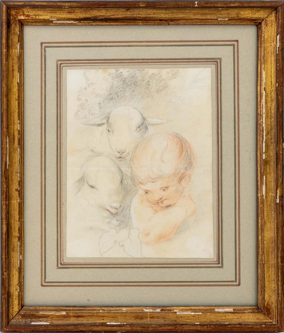 Child with Two Lambs Red Chalk & Graphite, 19th C. (1 of 5)
