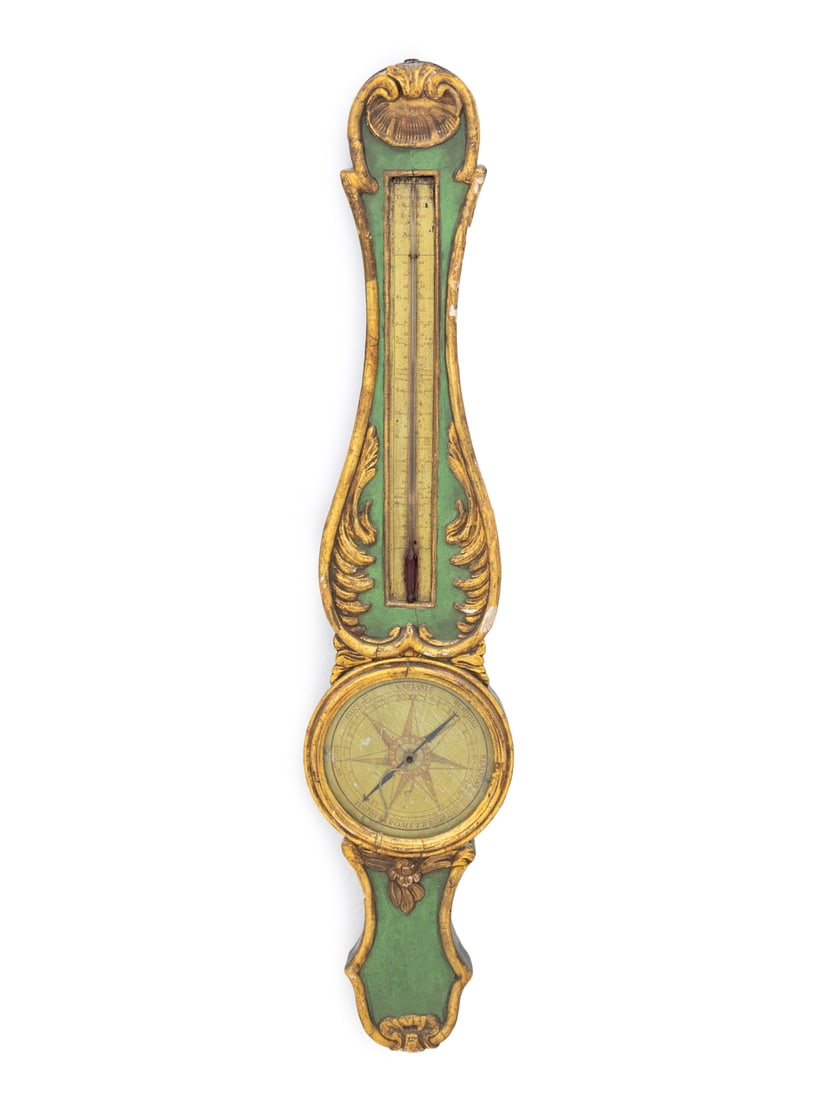 French Gilt & Green Painted Barometer, 18th C.: French Gilt and Green Paint-Decorated Wheel Barometer and Thermometer, 18th century. 36.25" H x 7.5" W x 2" D. Provenance: Property from a Bunny Williams decorated 5th Avenue Estate. Keywords: Antique