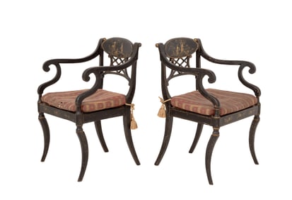 Chinoiserie Black Lacquered Armchairs, Pair