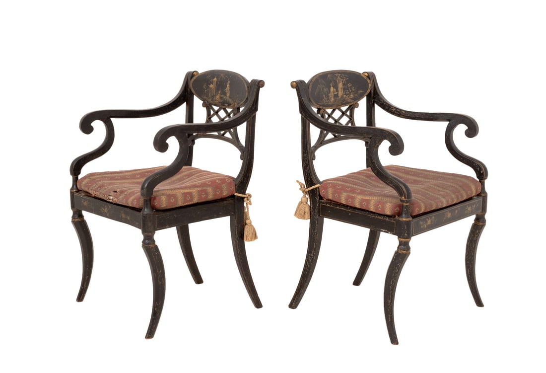 Chinoiserie Black Lacquered Armchairs, Pair (1 of 12)