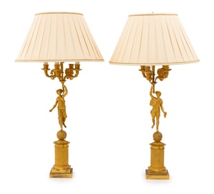 French Empire Gilt Figural Candelabra Lamps, Pair