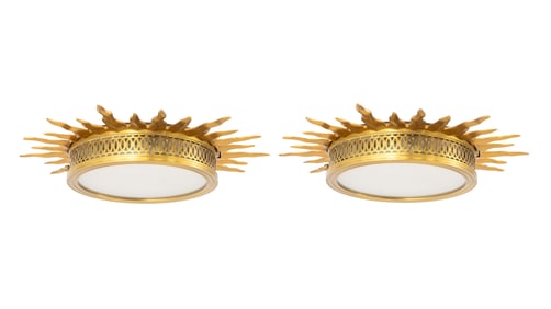 Gilt Metal Sunburst Flush Mount Lights, Pair