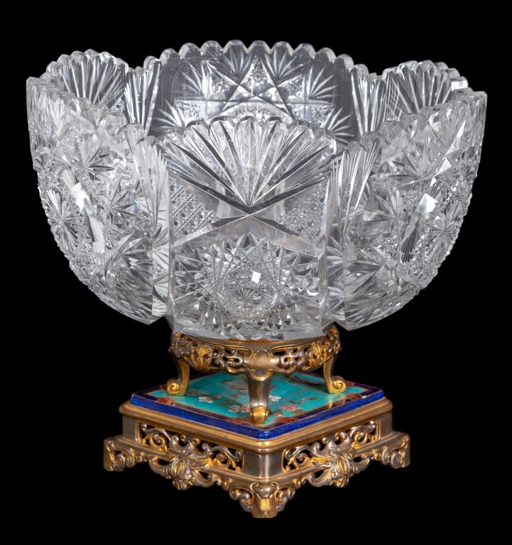 French Enamel Gilt Metal and Cut Glass Centerpiece: French Enameled Gilt Metal and Cut Glass Centerpiece Bowl, late 19th century, the scalloped cut glass bowl mounted on a pierced stand with scrolled feet, the diamond shaped platform decorated with flo