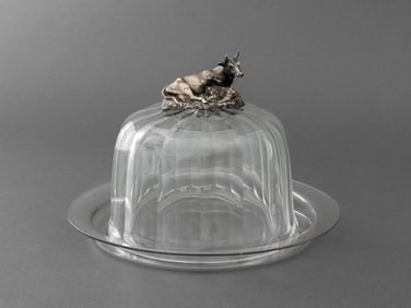 Cow Form Silver Mounted Glass Butter Dish, 19th C.