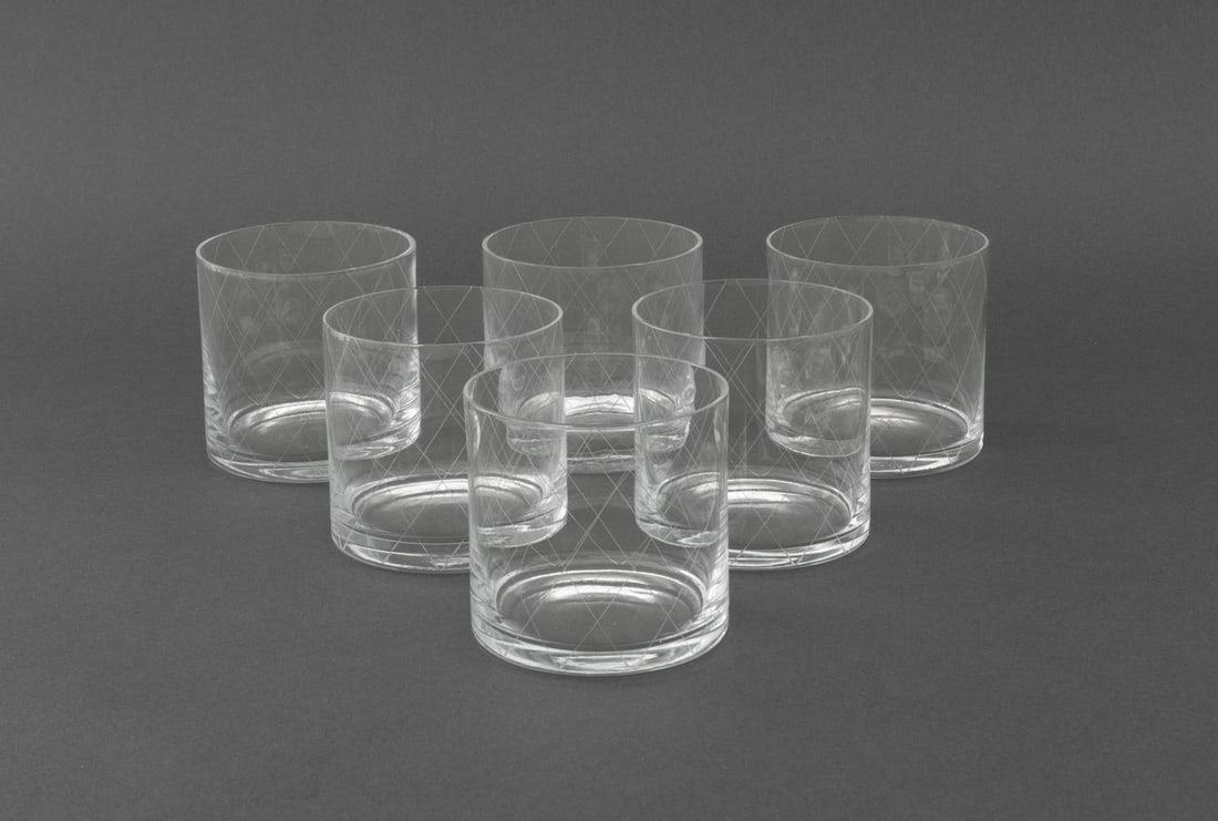 Tiffany & Co. Etched Diamond Motif Tumblers, 6: Set of Six Tiffany and Company Etched Diamond Motif Tumbler Glasses, each etch marked "Tiffany & Co." to underside. 3.5" H x 3.5" Diameter. Provenance: Property from a Bunny Williams decorated 5th Ave