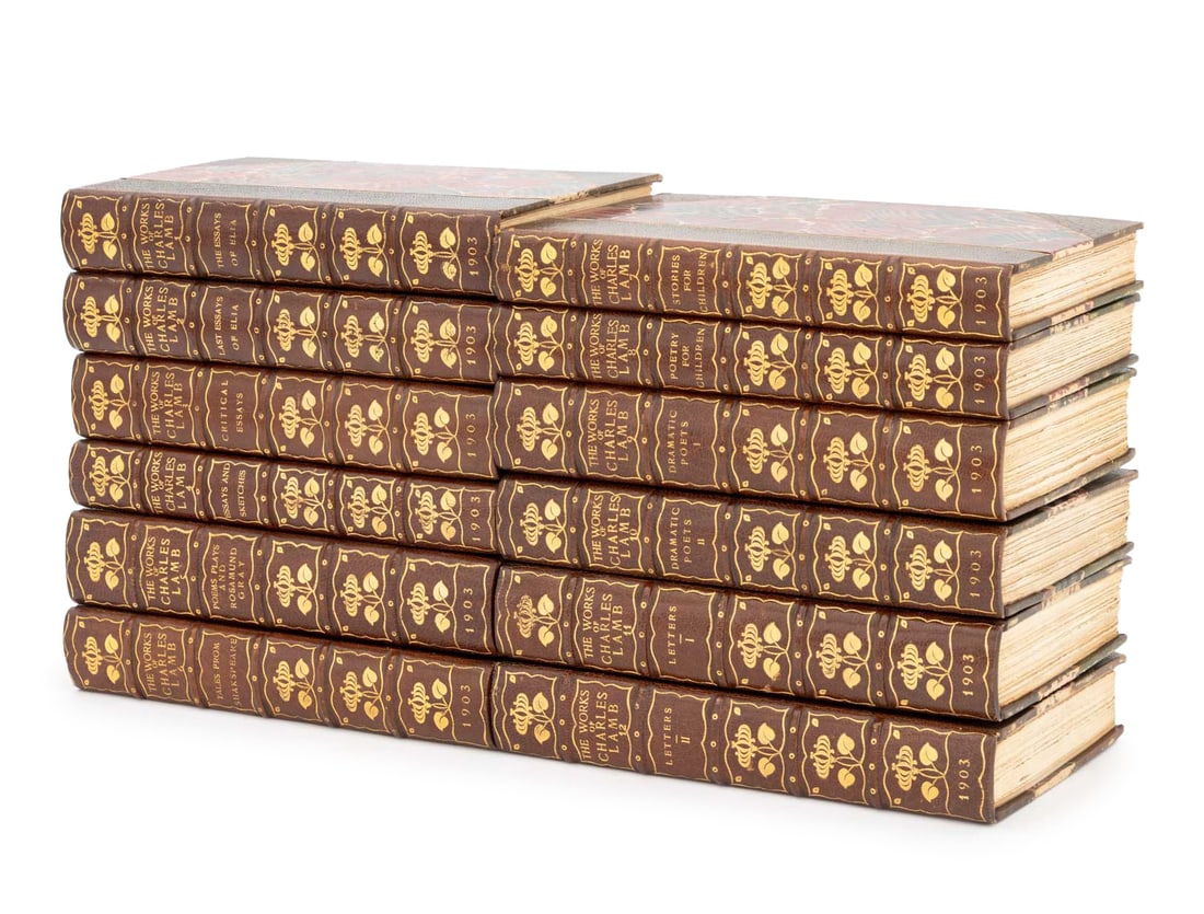 "The Works of Charles Lamb", 1903, 12 Vols.: "The Works of Charles Lamb", Complete Set of 12 Volumes, London: J.M. Dent & Co, 1903. Each: 7.75" H x 5" W x 1.25" D. Provenance: Property from a Bunny Williams decorated 5th Avenue Estate. Keywords: