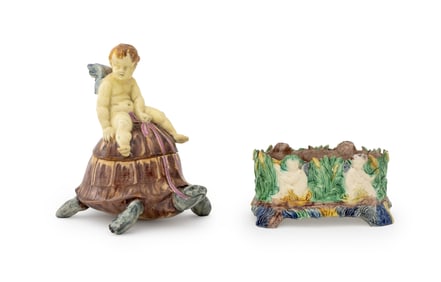 French Majolica Cherub Motif Vessels, 19th C., 2