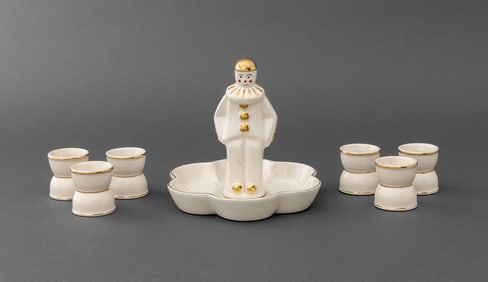 French Porcelain "Pierrot" Egg Set for Six