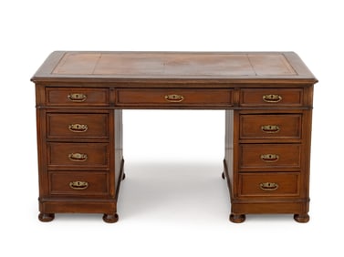 Victorian Leather Top Walnut Pedestal Desk