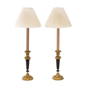 Empire Style Gilt Brass Candlesticks as Lamps, Pr.