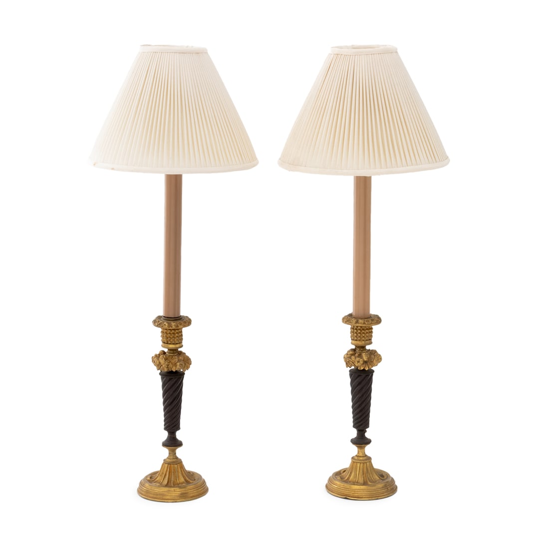 Empire Style Gilt Brass Candlesticks as Lamps, Pr. (1 of 7)