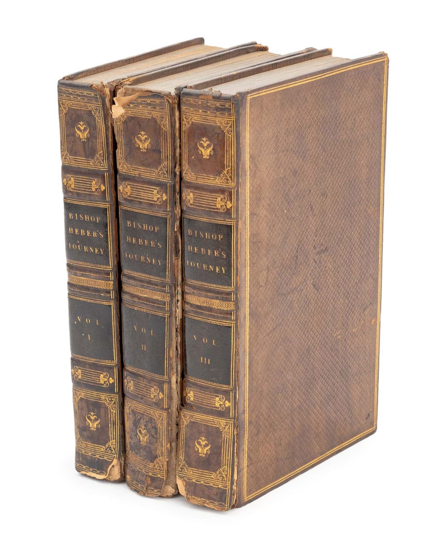 Heber Reginald "Journey Through India", 1823, 3: Heber, Reginald, "Narrative of a Journey Through the Upper Provinces of India", Complete Set of Three Volumes, London: John Murray, 1823, second edition. Each: 8.5" H x 5.5" W x 1.5" D. Provenance: Pr