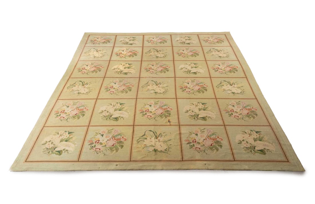 Floral Motif Needlework Carpet, 15' 2" x 12' 11": Floral Motif Needlework Carpet, with vignettes of bouquets on a sage green ground. 15' 2" L x 12' 11" W. Provenance: Property from a Bunny Williams decorated 5th Avenue Estate. Keywords: French Antiqu