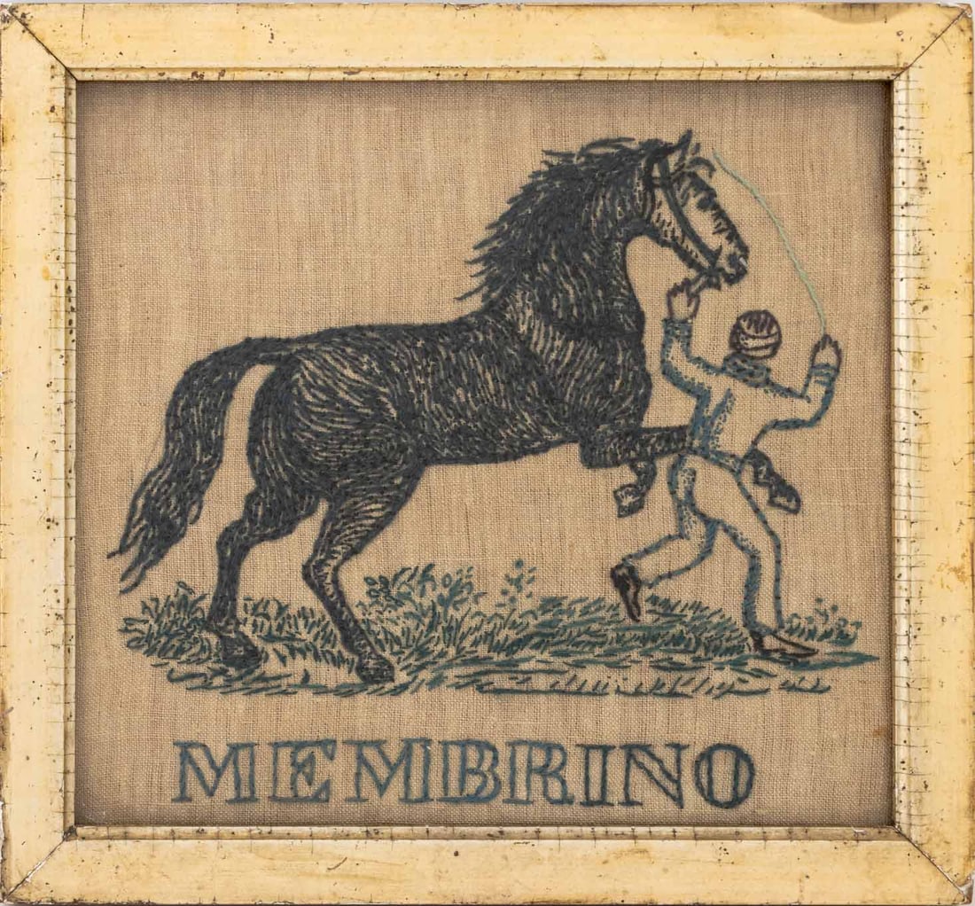"Membrino" Wool Embroidery, 19th C.: "Membrino" Wool Embroidery, 19th century, depicting horse and jockey, unsigned, giltwood frame. Image: 9" H x 10" W; frame: 11" H x 12" W x 1" D. Provenance: Property from a Bunny Williams decorated 5