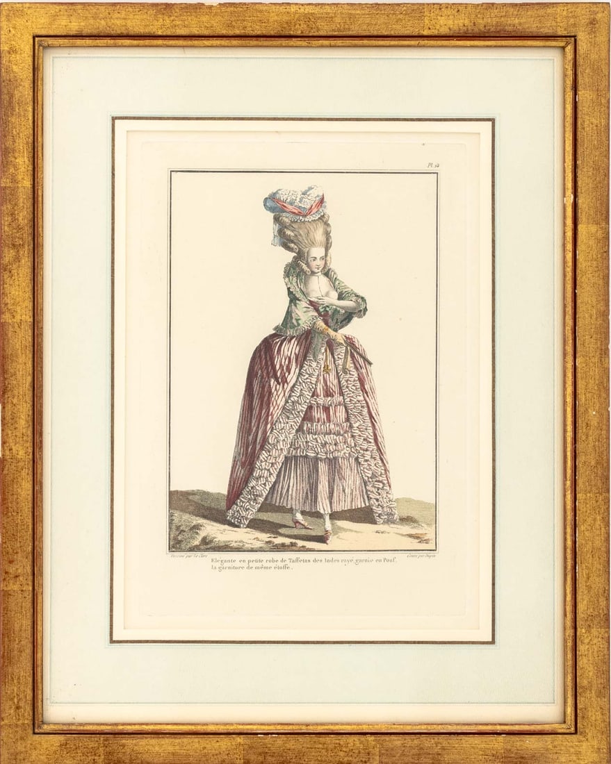 Nicolas Dupin "Elegante en Petite robe" Engraving: Nicolas Dupin (French, 1753-1805), "Elegante en Petite robe de Taffestas des Inde raye, garnie en Pouf" [Elegant in a little striped Indian taffeta dress, trimmed with pouf], Hand-Colored Engraving, a