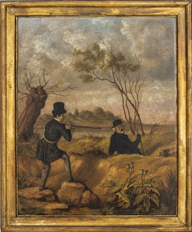 British "Gent & Sportsman" Oil on Board, 19th C.: British School, "Gentleman and Sportsman", Oil on Board, 19th century, giltwood frame. Image: 14.5" H x 11.75" W; frame: 17" H x 14" W. Provenance: From a New York City Collection. Keywords: Paintings