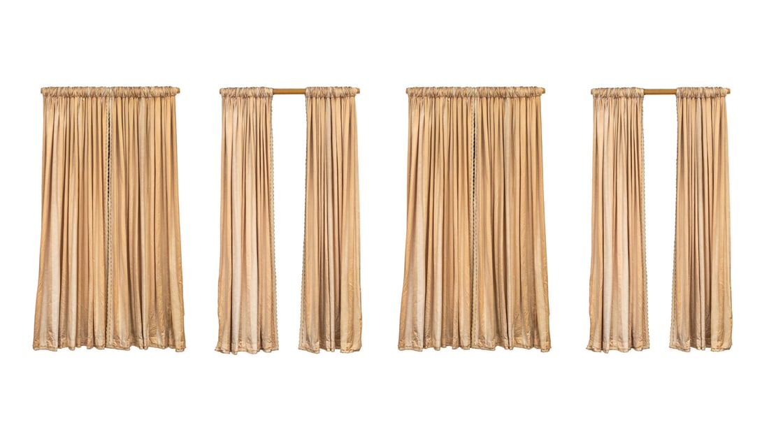 Beige Striped Silk Window Curtains, 4 Pairs: Four Pairs of Beige Striped Silk Window Curtains, with four fluted giltwood railing mounts. Each curtain panel: 106" L x 88" W. Provenance: Property from a Bunny Williams decorated 5th Avenue Estate.