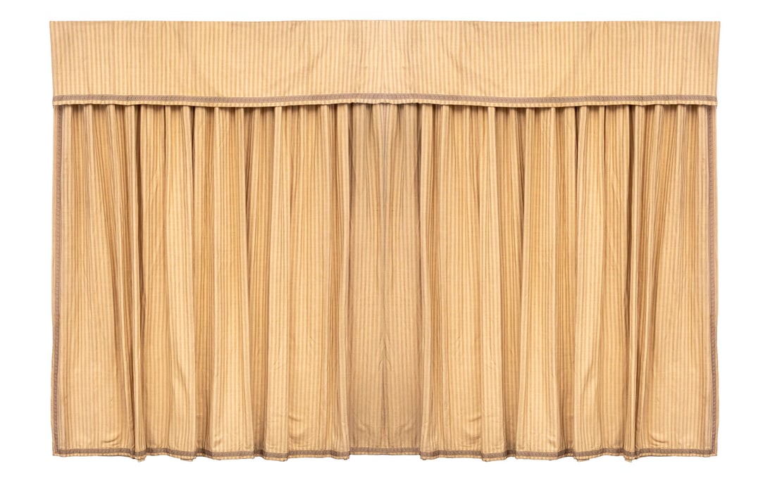 Beige Striped Cotton Window Curtains, 3 Pcs.: Pair of Beige Striped Cotton Window Curtains and Valence Panel, with Greek key pattern to bottom. Each curtain panel: 100" H x 144" W. Provenance: Property from a Bunny Williams decorated 5th Avenue E