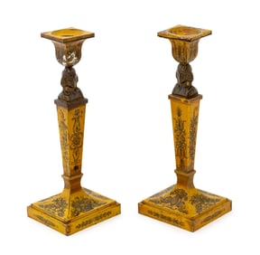 Egyptianesque Tole Peinte Candlesticks, Pair