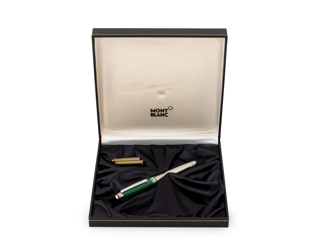 Montblanc Meisterstuck Nickolai I Fountain Pen: Montblanc Meisterstuck Solitaire Nickolai I Fountain Pen, FP 3446, with 18K gold nib marked "4810 / 18K / Montblanc / 750", in platinum-plated and malachite case and cap, marked "Montblanc / Meisterst