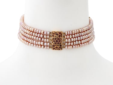 14K Gold Garnet Cultured Pearl Choker Necklace