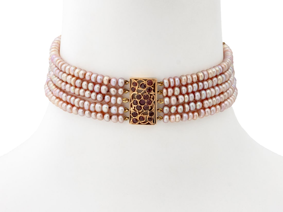 14K Gold Garnet Cultured Pearl Choker Necklace: 14K Gold Garnet Cultured Pearl Choker Necklace, five strand necklace featuring fully drilled cultured pearls approx. 4.5 - 5.5 mm., strung on silk cords knotted intermittently and secured with two
