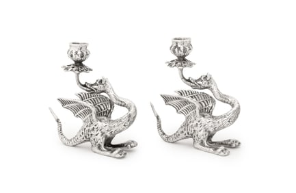 Dragon Form Sterling Silver Candlesticks, Pair