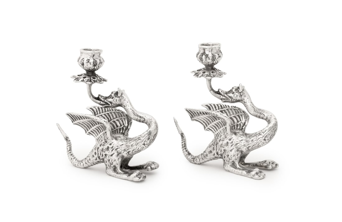 Dragon Form Sterling Silver Candlesticks, Pair: Pair of Dragon Form Sterling Silver Candlesticks, after a design by Thomas Jeckyll (English, 1827-1881), marked "925" and maker's mark "CW" in square cartouche to underside. Weight: 86.96 ozt.; 6.5"