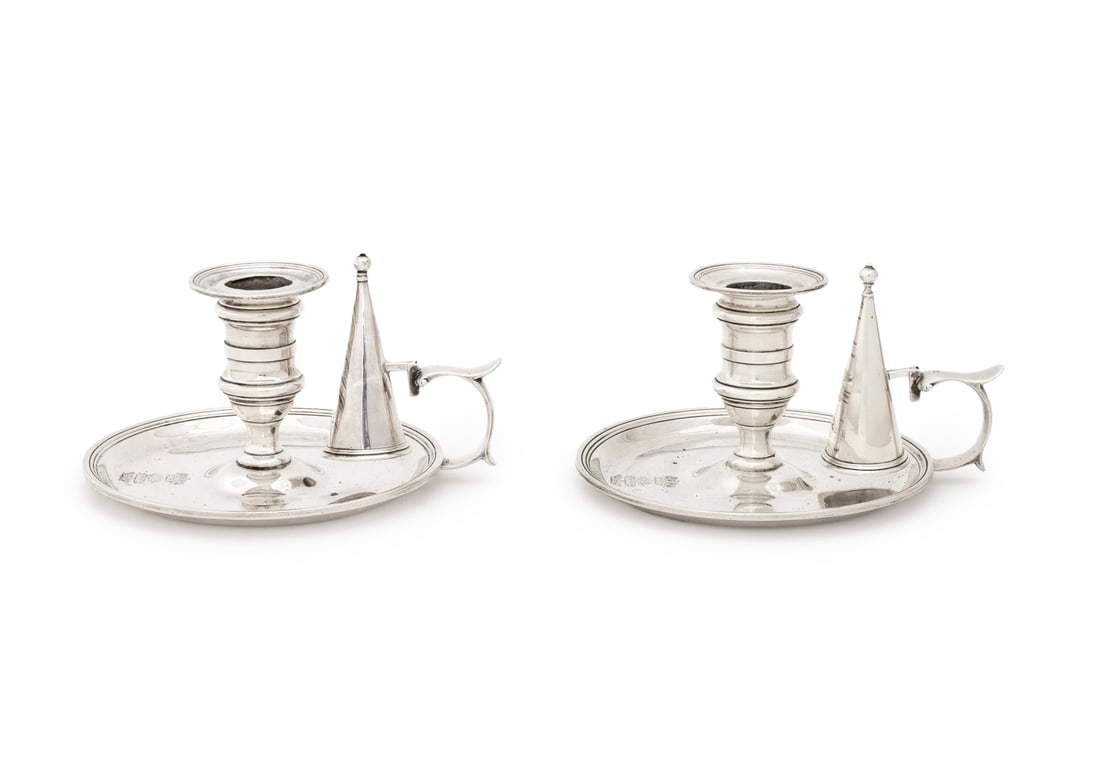 William IV Sterling Silver Chambersticks, Pair: Pair of William IV Sterling Silver Chambersticks, with detachable bobeches and snuffers, handle and thumb piece on circular drip plate, with engraved "Through" armorial crest, struck with marks for
