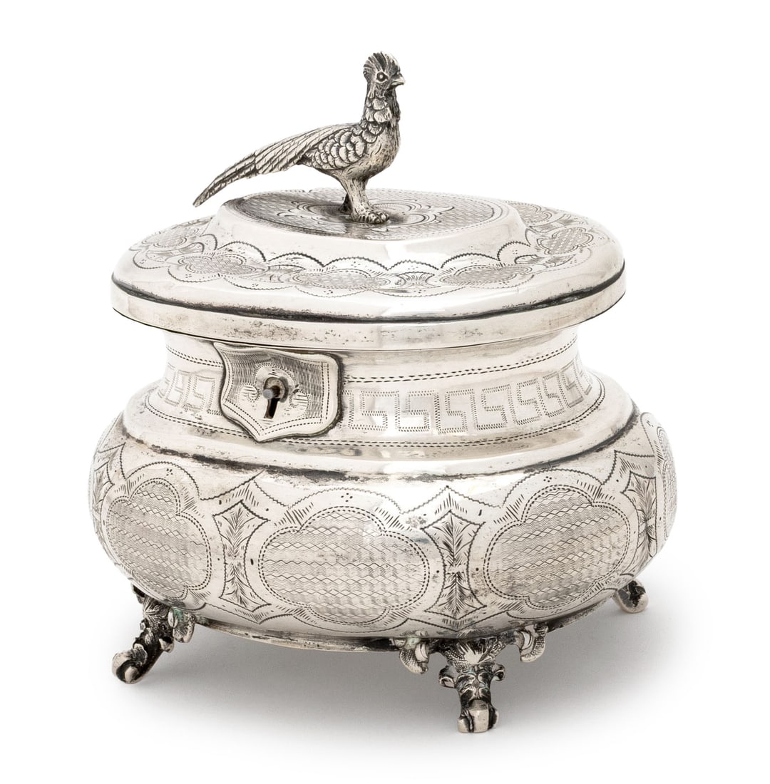 Austrian Silver Covered Box, 19th C.: Austrian 800 Silver Covered Box, 1867-1872, with pheasant knop to the hinged lid, incised geometric design, on four scroll form feet, struck with hallmarks near the hinge. Weight: 12.94 ozt.; 5.5" H