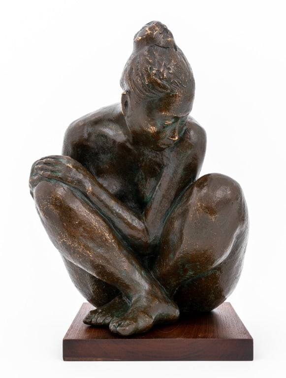 Bronze Nude Signed "Zuniga": Francisco Zuniga Style Female Nude Verdigris Patinated Bronze Sculpture, 1968, signed, dated, and numbered edition "V / VI" beneath proper right leg, mounted on wood base. Overall: 17.5" H x 12" W x 1