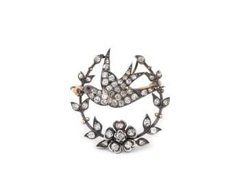 Victorian 14K Gold Silver Diamond Swallow Brooch