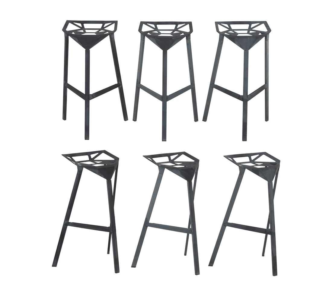 Konstantin Grcic x Magis "Stool One" Bar Stools, 6: Set of Six Konstantin Grcic for Magis "Stool One" Aluminum Stackable Bar Stools, each on three supports conjoined by two stretchers. 32.75" H x 16.25" W x 20" D; seat: 31" H. Provenance: From a New Yo