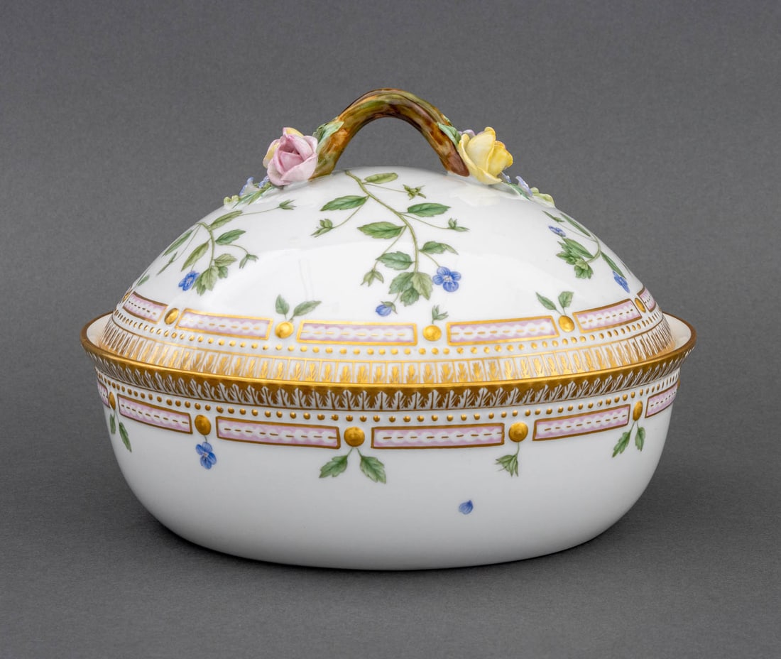 Royal Copenhagen "Flora Danica" Porcelain Tureen: Royal Copenhagen "Flora Danica" Circular Porcelain Covered Tureen, the lid with rosettes and branch form knop, painted and gilt vine and floral design, the lid and body marked "Royal / Copenhagen / De
