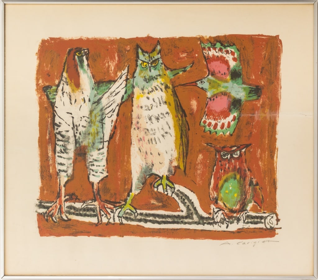 Alois Carigiet "Voliere vor Rot" Lithograph, 1962: Alois Carigiet (Swiss, 1902-1985), "Voliere vor Rot" [Aviary Before Red], Lithograph in Colors, 1962, signed in pencil lower right, chrome-plated frame. Image: 21.75" H x 27" W; frame: 30.25" H x 34.2