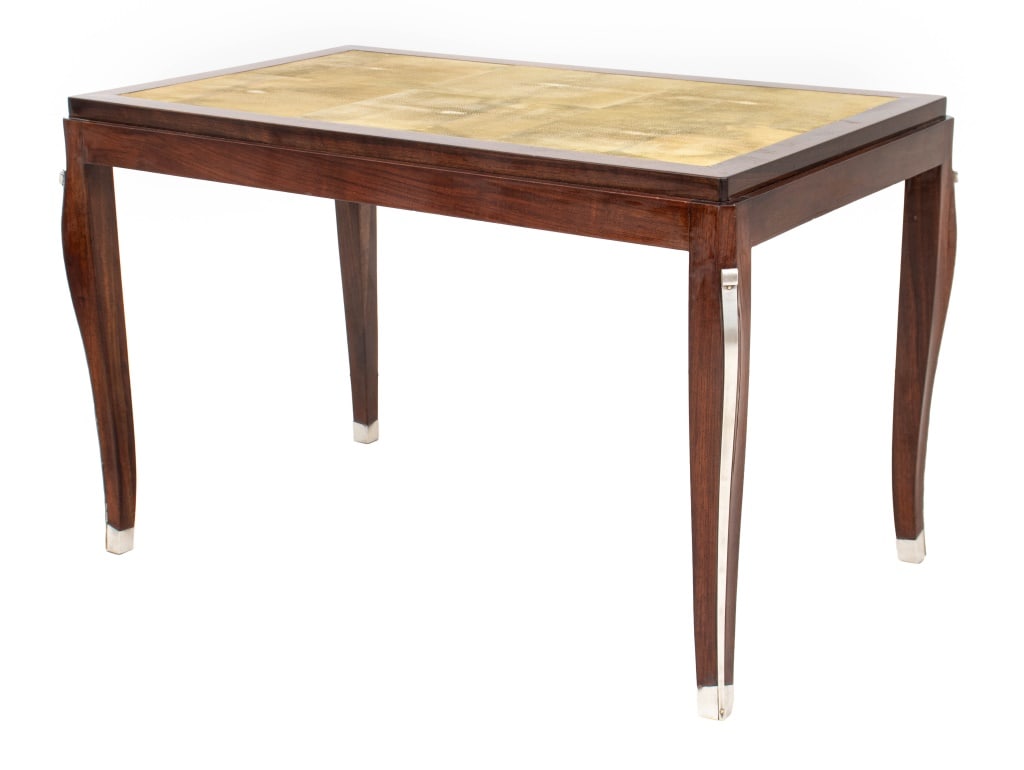 French Art Deco Walnut and Shagreen Side Table: French Art Deco Walnut and Shagreen Side Table, in the style of Emile-Jacques Ruhlmann, on four tapered cabriole legs with silvered copper mounts. 22.5" H x 35.5" W x 21.5" D. Provenance: Philadelphia