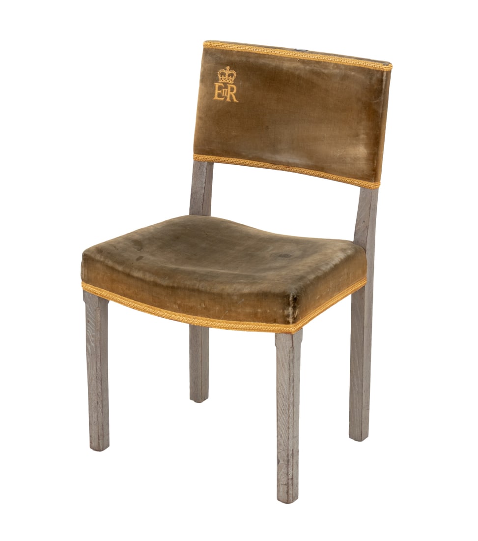 Queen Elizabeth II Limed Oak Coronation Chair: Queen Elizabeth II Limed Oak Coronation Chair, 1953, original velvet upholstered back and seat embroidered with crowned cypher ERII and branded to the underside "ER CORONATION - HANDS & SONS LTD - 195