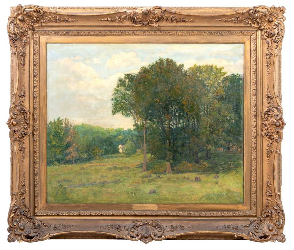 American School Pasture Scene Oil on Canvas, 1911: American School, Pasture and Woods Scene, Oil on Canvas, 1911, with farmhouse beyond, illegibly signed "Tain...(?)" and dated lower right, gilt composition frame. Image: 26.75" H x 32.5" W; frame: 38"