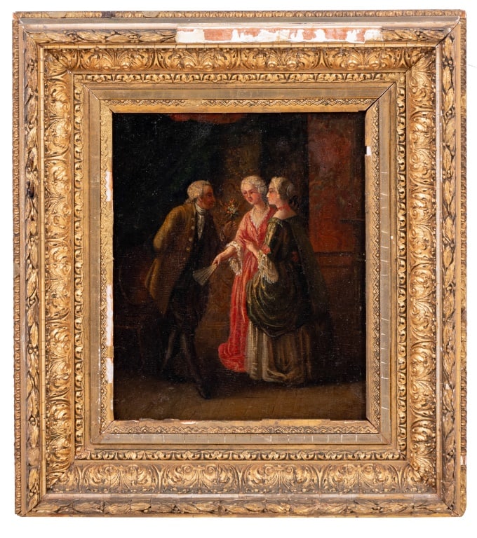 French School "The Proposal" Oil on Panel, 19th C.: French School, "The Proposal", Oil on Oak Panel, 19th century, depicting a gentleman presenting a bouquet of flowers to a young lady and her chaperone, unsigned, giltwood frame. Image: 10.5" H x 8.5"