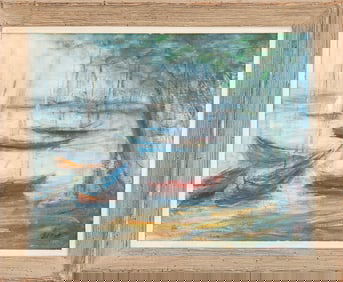 Illegibly Signed Sailboat Scene Oil on Canvas