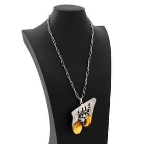 Modernist Sterling Silver Amber Pendant Necklace
