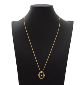 14K Yellow Gold Onyx Diamond Pendant Necklace