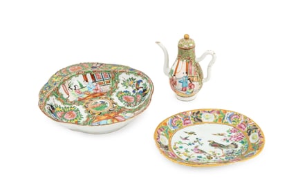 Chinese Rose Medallion Porcelain Tableware, 3 Pcs.