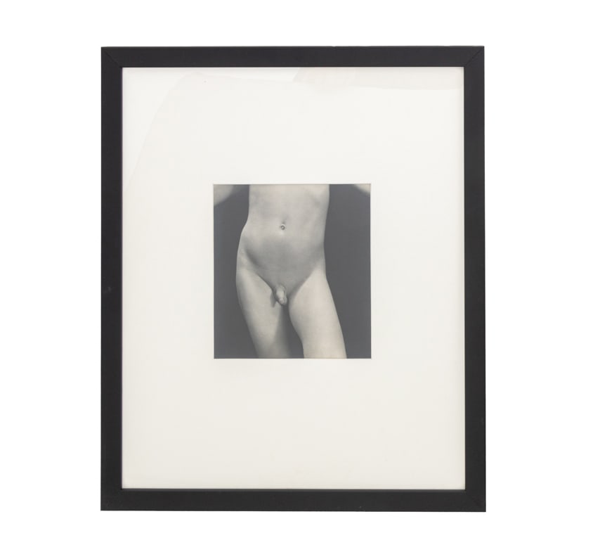 Edward Weston "Nude" Gelatin Silver Print: Edward Weston (American, 1886-1958), "Nude", Gelatin Silver Print, 1925, printed later by his son Cole Weston, signed, titled, and dated by Cole Weston verso, ebonized frame. Image: 6.75" H x 6.25" W;